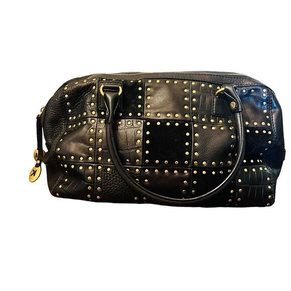 Michael Kors Astor black Leather Patchwork Croc Embossed Studded Satchel Suede - Picture 2 of 13